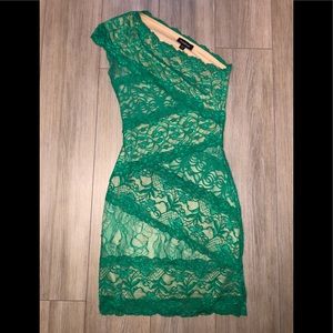 Green lace off the shoulder mini dress